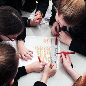 overhead shot of pupils gathered around a piece of group work